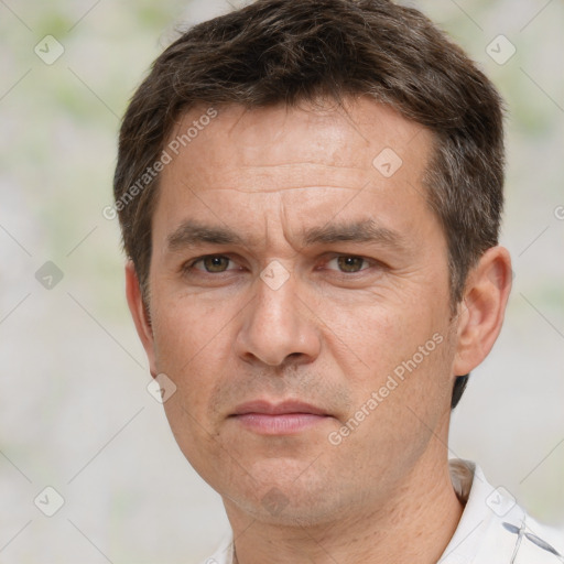 Neutral white adult male with short  brown hair and brown eyes