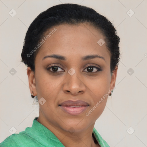 Joyful black young-adult female with short  black hair and brown eyes