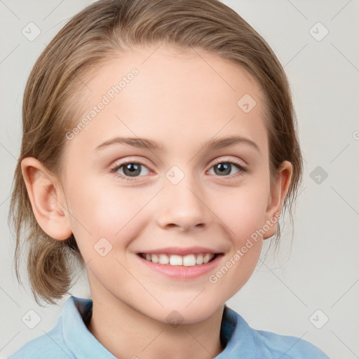 Joyful white child female with medium  brown hair and grey eyes