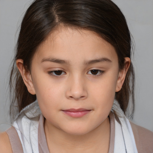 Joyful white child female with medium  brown hair and brown eyes