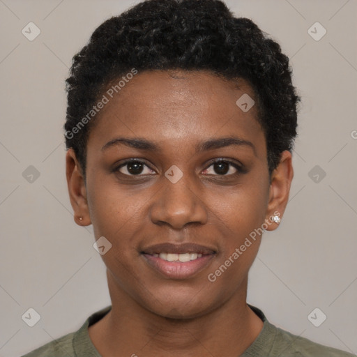 Joyful black young-adult female with short  black hair and brown eyes