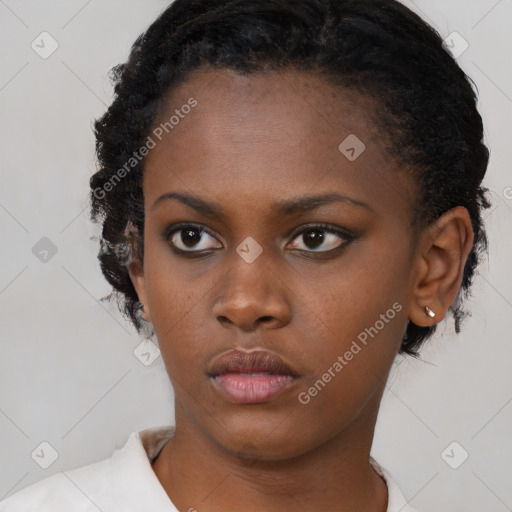 Neutral black young-adult female with short  black hair and brown eyes