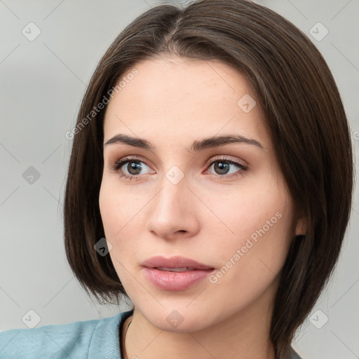 Neutral white young-adult female with medium  brown hair and brown eyes