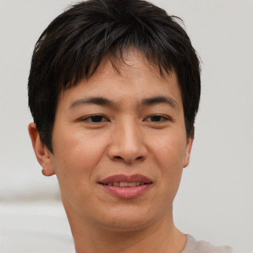 Joyful asian young-adult female with short  brown hair and brown eyes