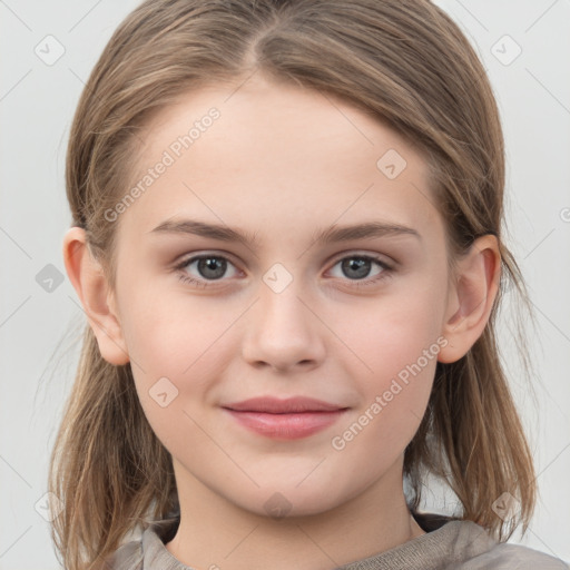 Joyful white child female with medium  brown hair and grey eyes