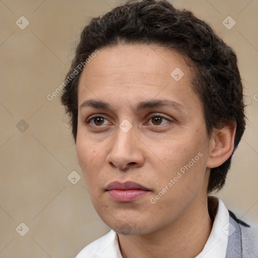 Neutral white adult female with medium  brown hair and brown eyes