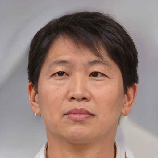 Neutral asian adult male with short  brown hair and brown eyes