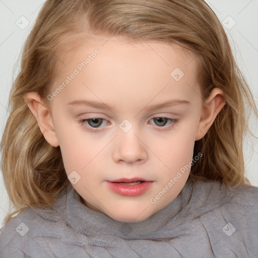 Neutral white child female with medium  brown hair and grey eyes