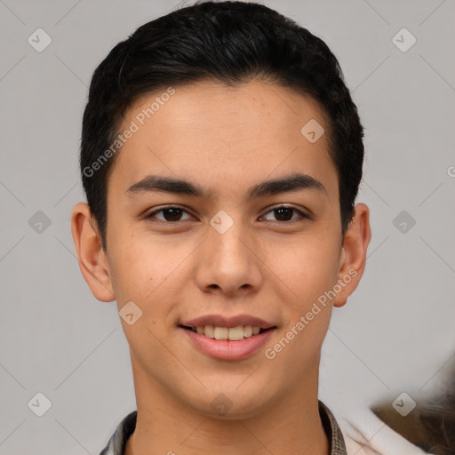 Joyful latino young-adult male with short  black hair and brown eyes