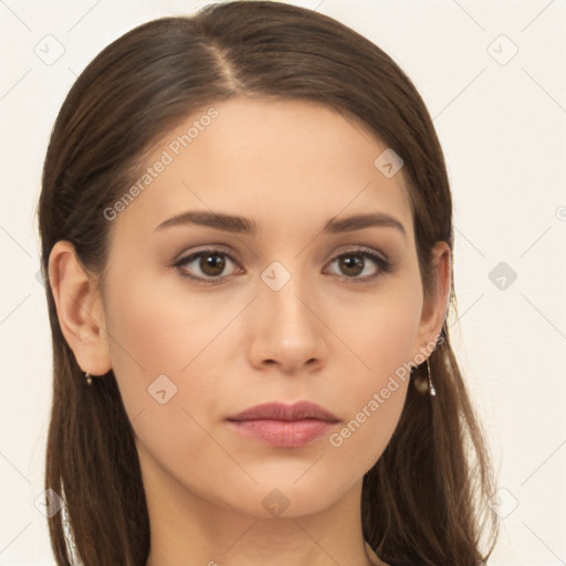 Neutral white young-adult female with long  brown hair and brown eyes