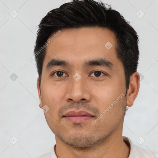 Neutral asian young-adult male with short  black hair and brown eyes