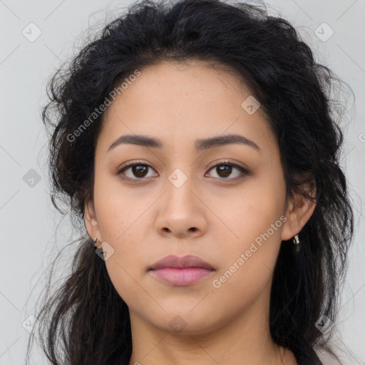 Neutral latino young-adult female with long  brown hair and brown eyes