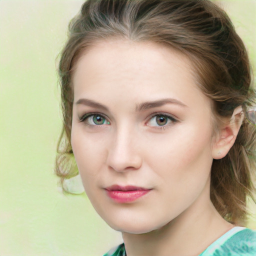 Joyful white young-adult female with medium  brown hair and green eyes