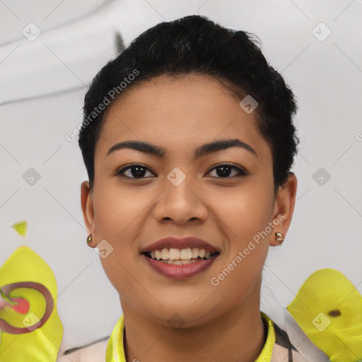 Joyful latino young-adult female with short  black hair and brown eyes