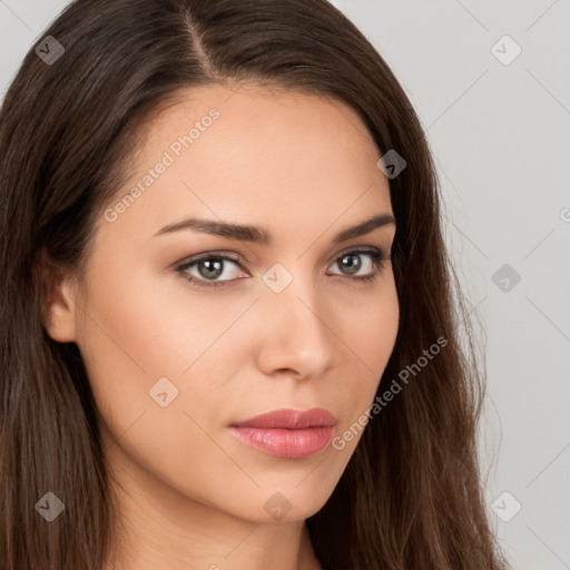 Neutral white young-adult female with long  brown hair and brown eyes