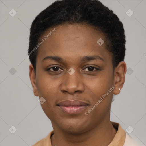 Joyful latino young-adult female with short  black hair and brown eyes