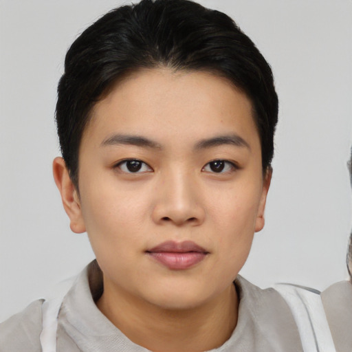 Neutral asian young-adult female with short  brown hair and brown eyes