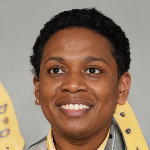 Joyful black young-adult female with short  black hair and brown eyes