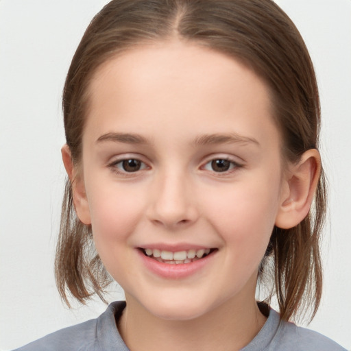 Joyful white child female with medium  brown hair and brown eyes