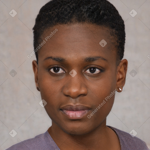 Neutral black young-adult female with short  black hair and brown eyes