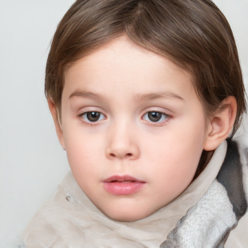 Neutral white child female with medium  brown hair and grey eyes