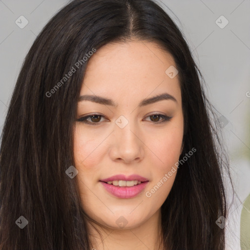 Joyful asian young-adult female with long  brown hair and brown eyes