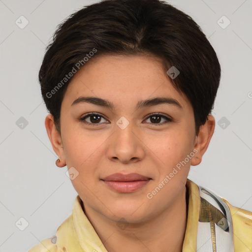 Joyful white young-adult female with short  brown hair and brown eyes