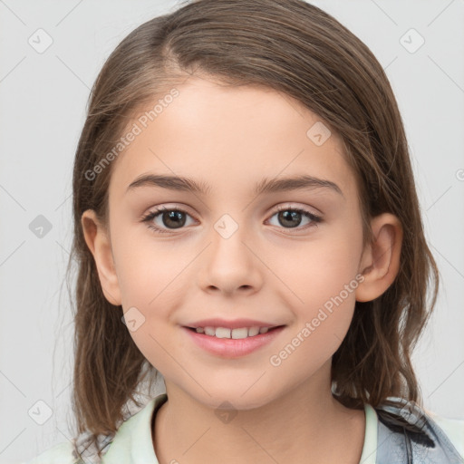 Joyful white child female with medium  brown hair and brown eyes