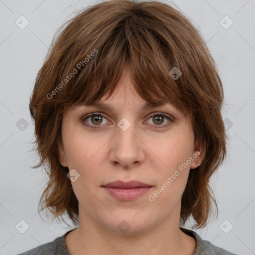 Neutral white young-adult female with medium  brown hair and grey eyes