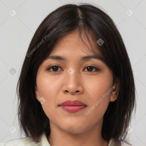 Neutral asian young-adult female with medium  brown hair and brown eyes