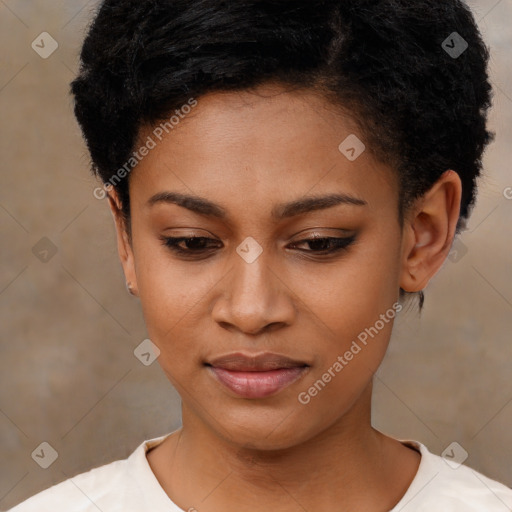 Joyful latino young-adult female with short  black hair and brown eyes