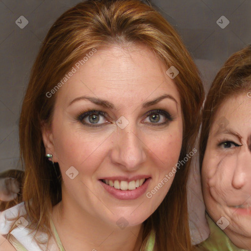 Joyful white adult female with medium  brown hair and brown eyes