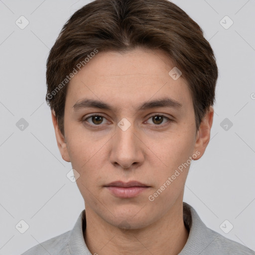 Neutral white young-adult male with short  brown hair and brown eyes