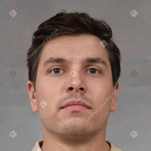 Neutral white young-adult male with short  brown hair and brown eyes