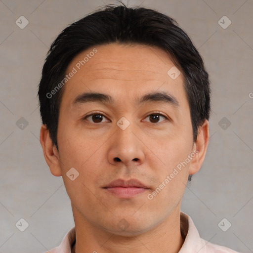 Neutral asian young-adult male with short  brown hair and brown eyes