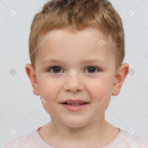 Joyful white child male with short  brown hair and brown eyes