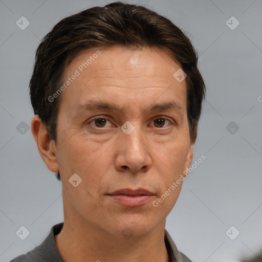 Neutral white adult male with short  brown hair and brown eyes