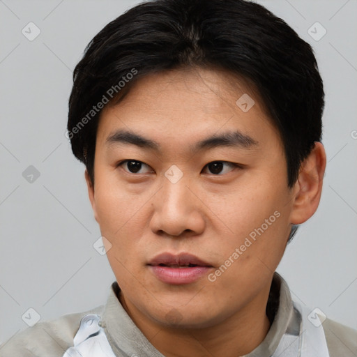 Neutral asian young-adult male with short  black hair and brown eyes