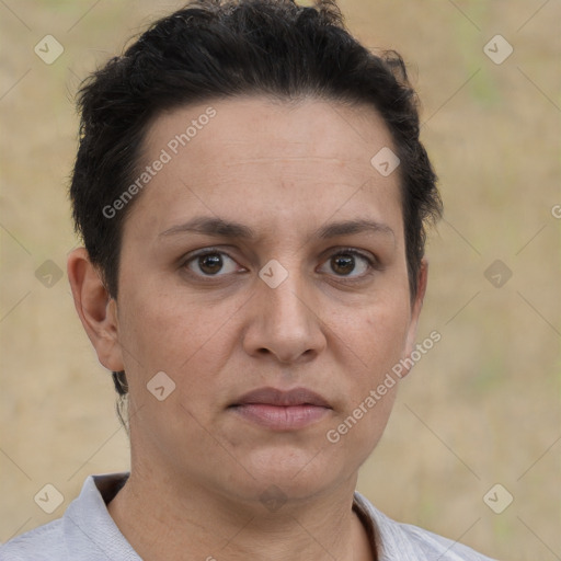 Neutral white adult female with short  brown hair and brown eyes