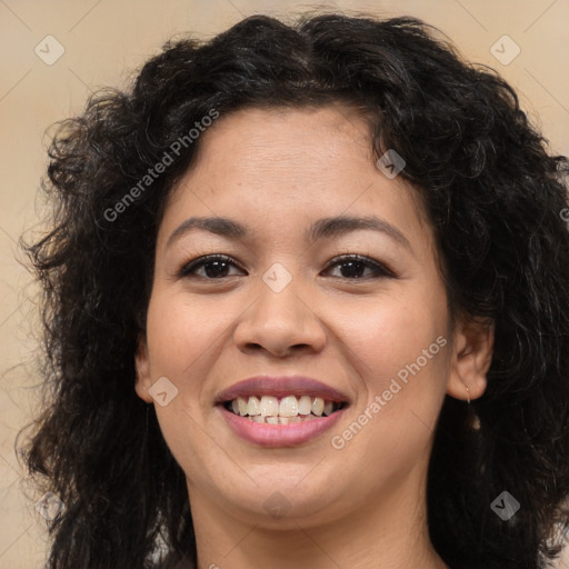 Joyful asian young-adult female with long  brown hair and brown eyes