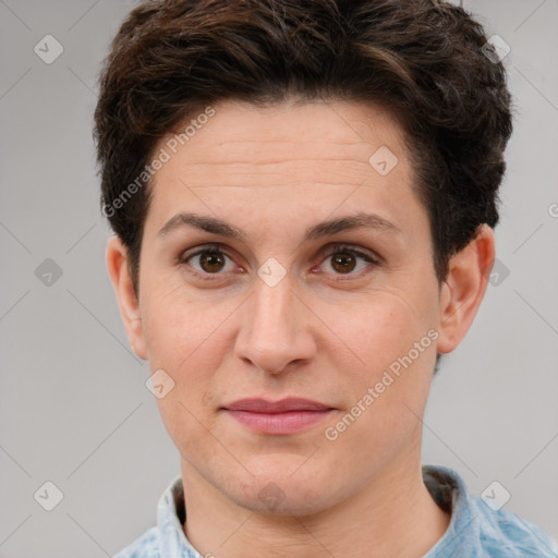 Joyful white adult female with short  brown hair and brown eyes