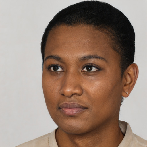 Neutral black young-adult female with short  black hair and brown eyes