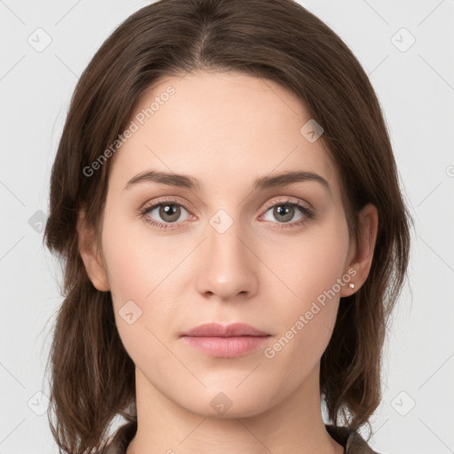 Neutral white young-adult female with medium  brown hair and grey eyes