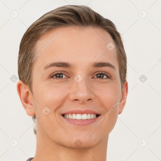 Joyful white young-adult female with short  brown hair and brown eyes