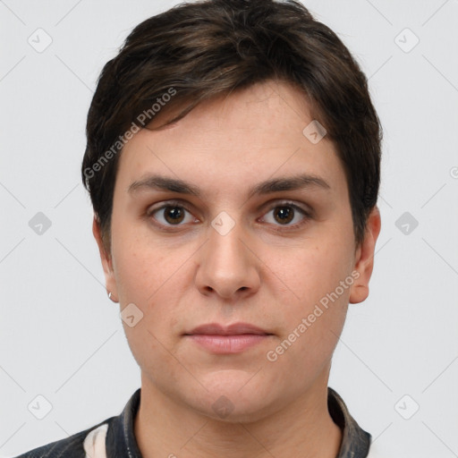 Neutral white young-adult female with short  brown hair and brown eyes