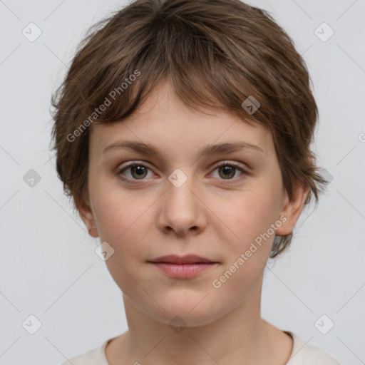 Neutral white young-adult female with short  brown hair and brown eyes