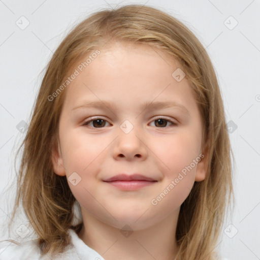 Joyful white child female with medium  brown hair and brown eyes