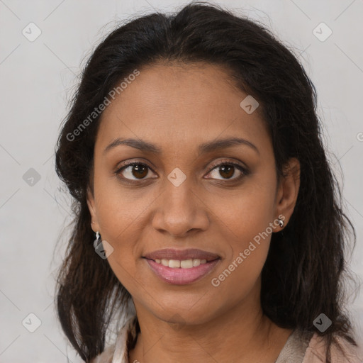 Joyful latino young-adult female with long  brown hair and brown eyes