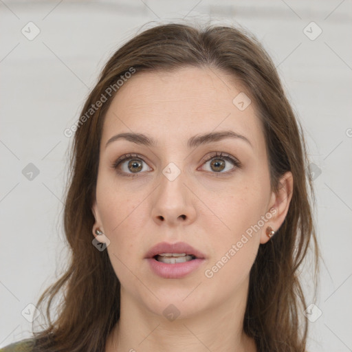 Neutral white young-adult female with long  brown hair and grey eyes