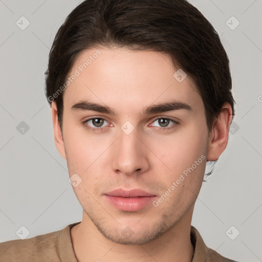 Neutral white young-adult male with short  brown hair and brown eyes